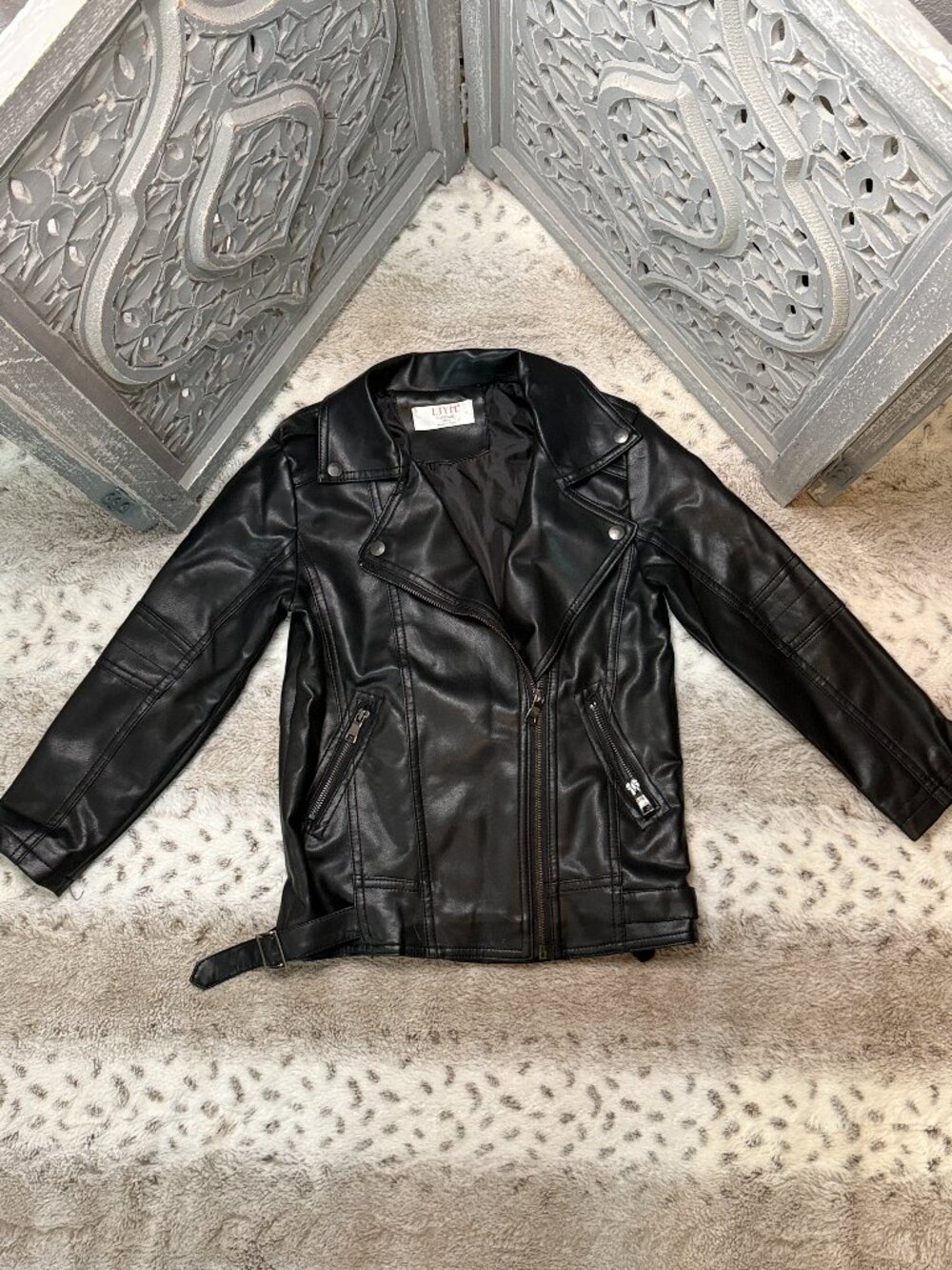 LJYH black faux leather motorcycle jacket boys size 7 biker grunge school winter